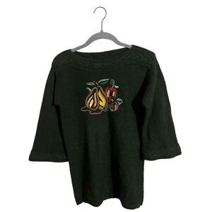 Vintage Fuji Land Autumn‎ Fruit Embroidered Knit Green Pullover Sweater Medium